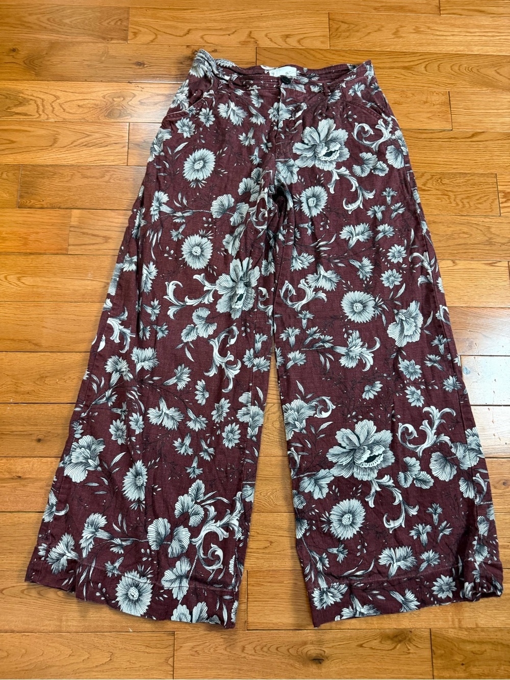 Anthropologie Low-Rise Wide Leg Linen Blend Floral Pants